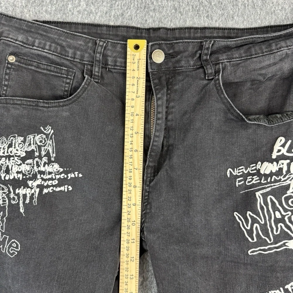 Y&R Black Graphic Jeans‎ Punk Goth Streetwear Denim Size 36